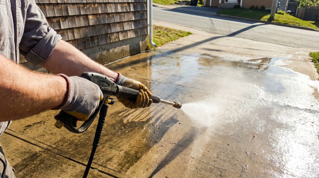 Soft washing the vinyl siding of a Halifax home in spring